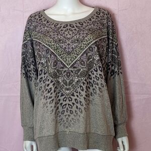 Democracy Mixed Print Paisley Floral Leopard Gray Pullover Sweatshirt size 2X